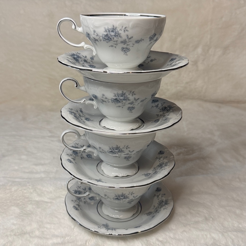 Johann Haviland Bavaria Germany Blue Garland Footed Teacups & Saucers, set of 8 - Picture 10 of 12